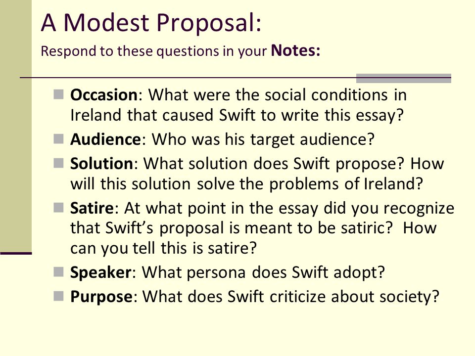 Where in the essay does swift tell what the modest proposal is